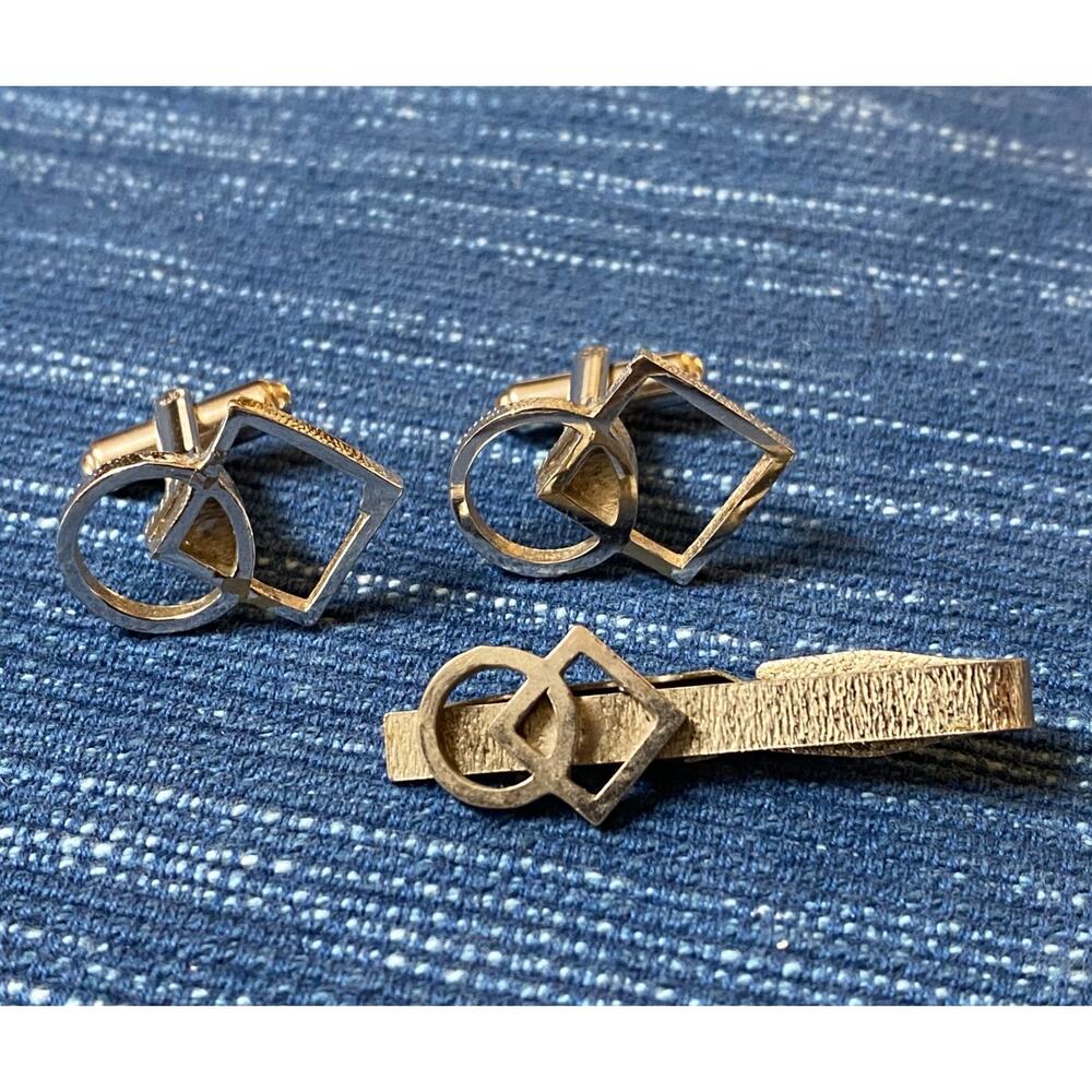 Vintage Geometric Circle Square Tie Bar Clip Cufflink Set 49B